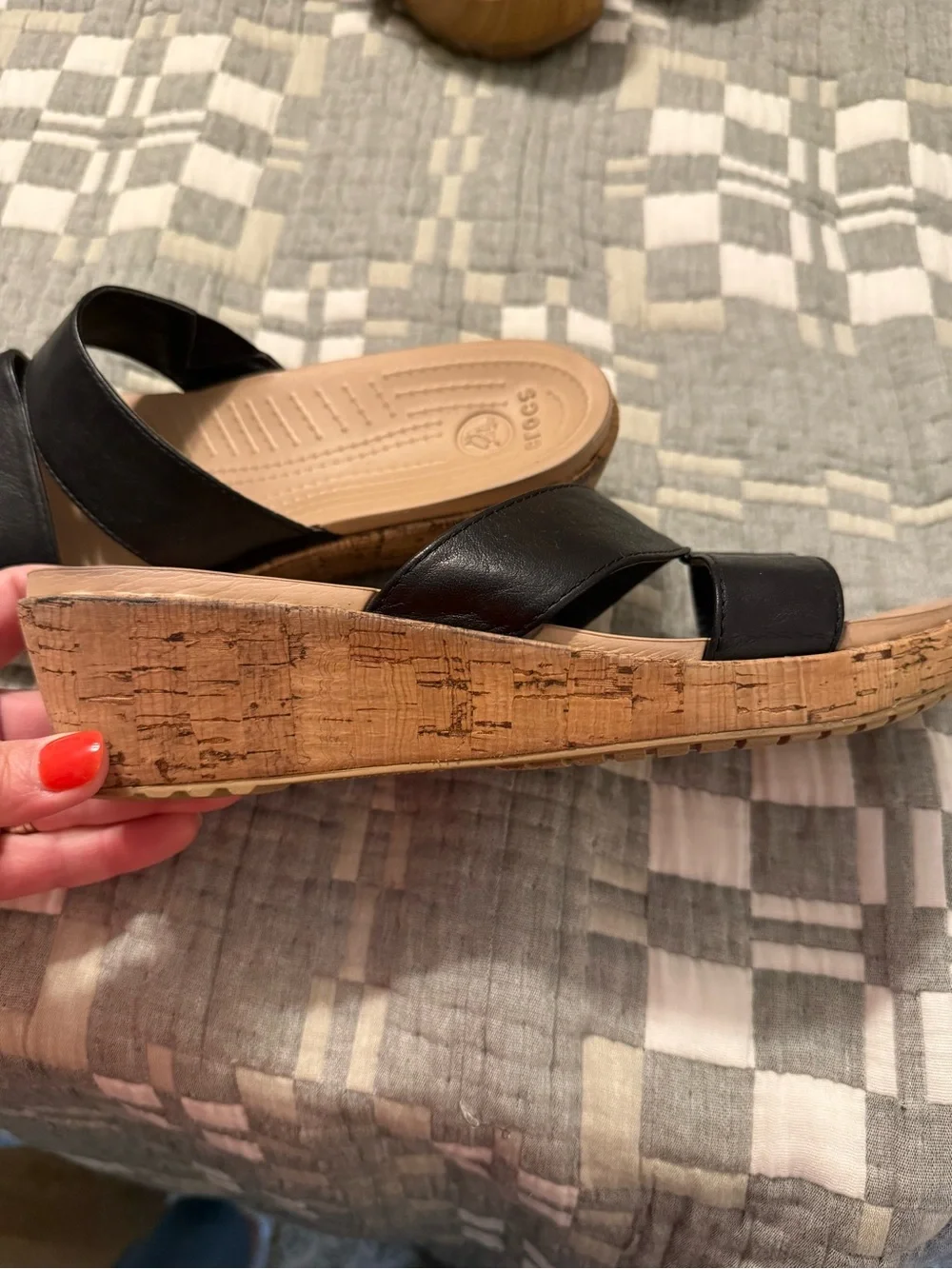 CROCS Black Leather-Look Cork Wedge Sandals